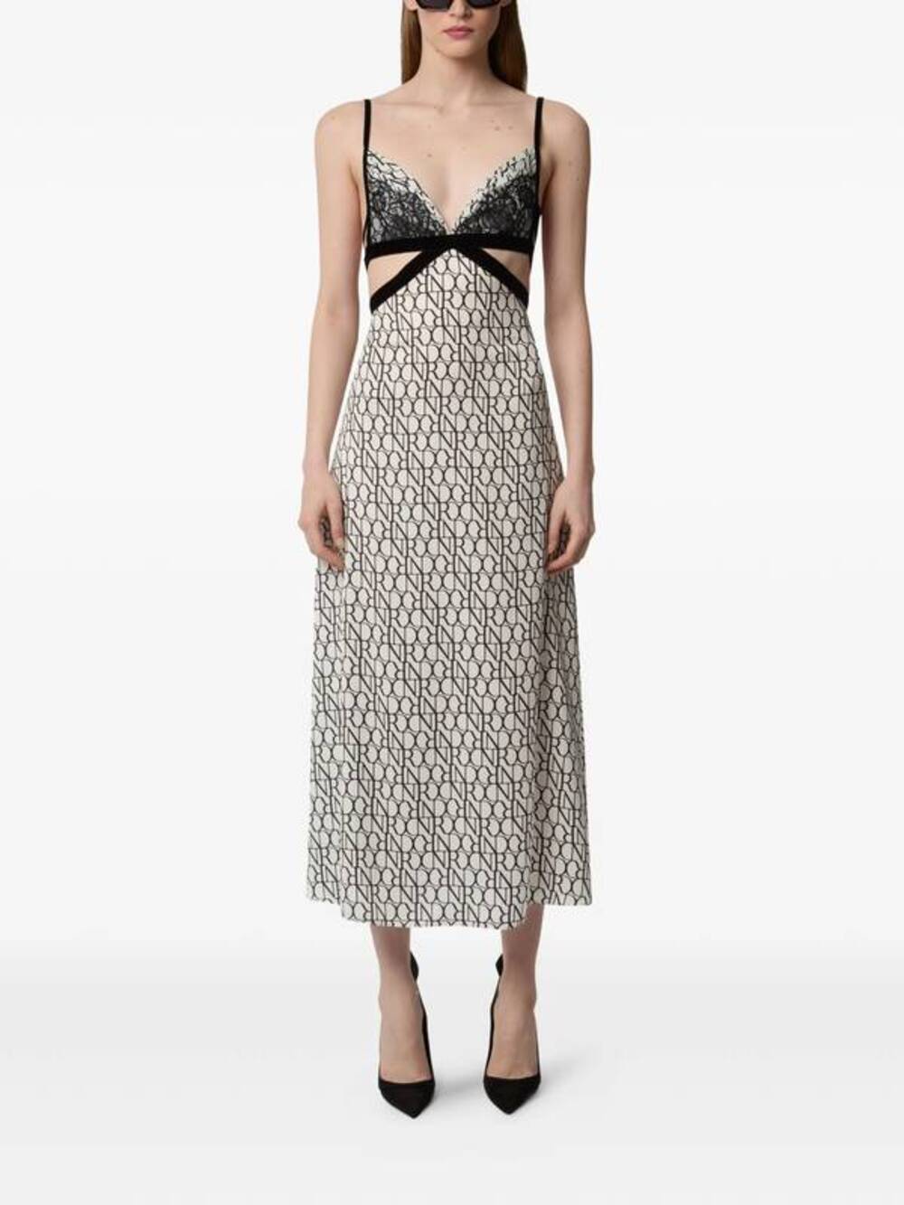 Nina Ricci All-over Logo Print Lace Insert Midi Dress in Cream/noir FR 36 US 4